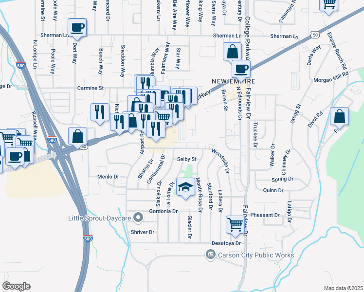map of restaurants, bars, coffee shops, grocery stores, and more near 3300 Woodside Drive in Carson City