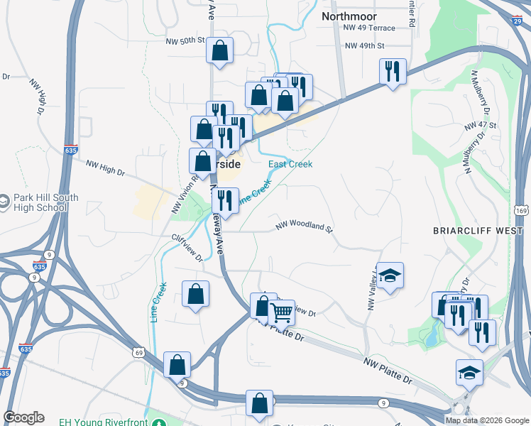 map of restaurants, bars, coffee shops, grocery stores, and more near 2402 Osage Circle in Kansas City