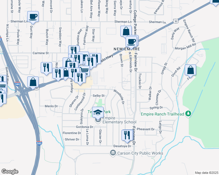 map of restaurants, bars, coffee shops, grocery stores, and more near 3426 Woodside Drive in Carson City