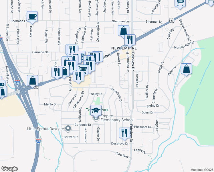 map of restaurants, bars, coffee shops, grocery stores, and more near 3426 Woodside Drive in Carson City