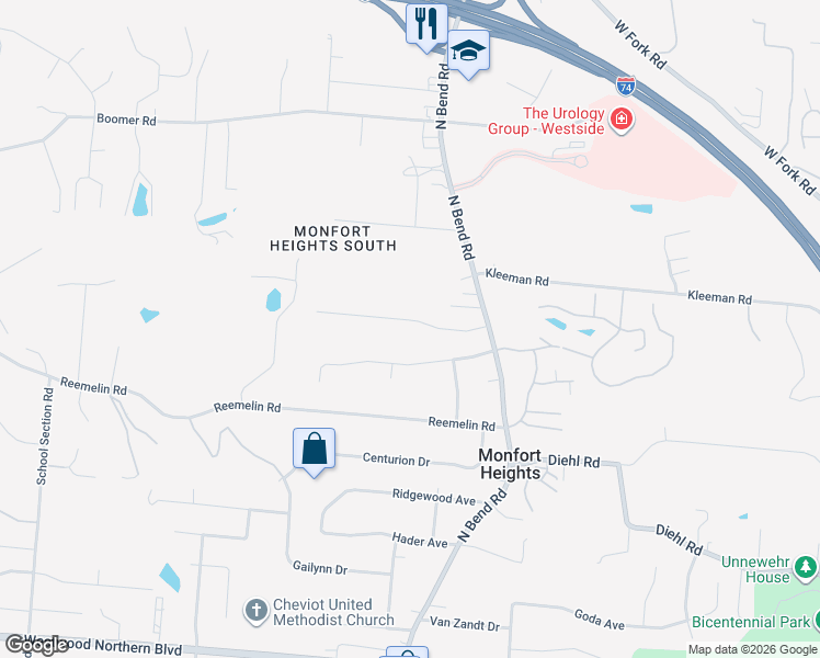 map of restaurants, bars, coffee shops, grocery stores, and more near 3591 Rackacres Drive in Cincinnati