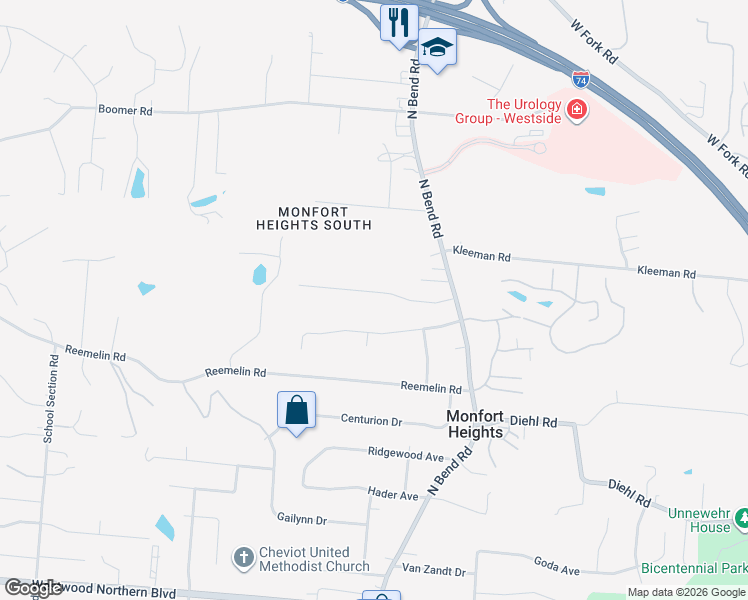 map of restaurants, bars, coffee shops, grocery stores, and more near 3591 Rackacres Drive in Cincinnati
