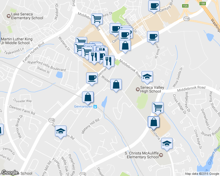 map of restaurants, bars, coffee shops, grocery stores, and more near 19501 Doctors Drive in Germantown