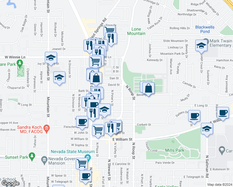 map of restaurants, bars, coffee shops, grocery stores, and more near 311 Burton Street in Carson City