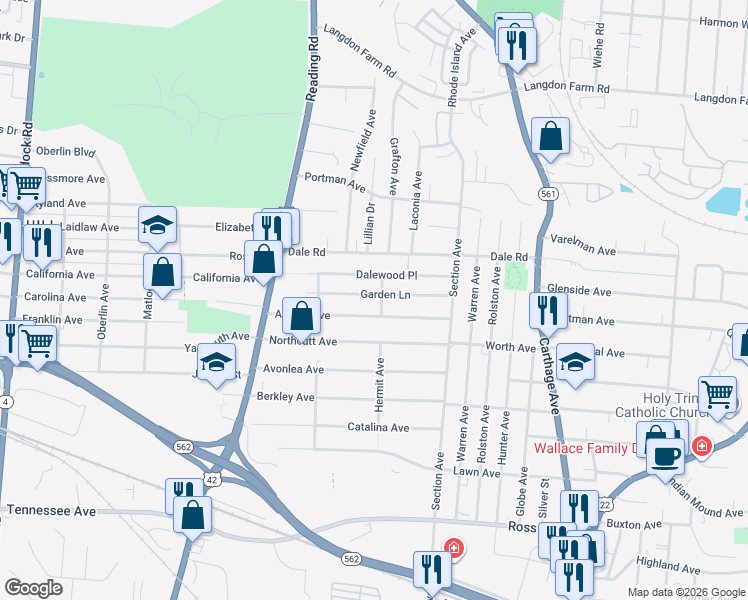 map of restaurants, bars, coffee shops, grocery stores, and more near 1867 Garden Lane in Cincinnati