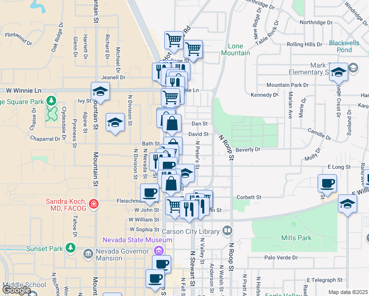map of restaurants, bars, coffee shops, grocery stores, and more near 1715 North Fall Street in Carson City