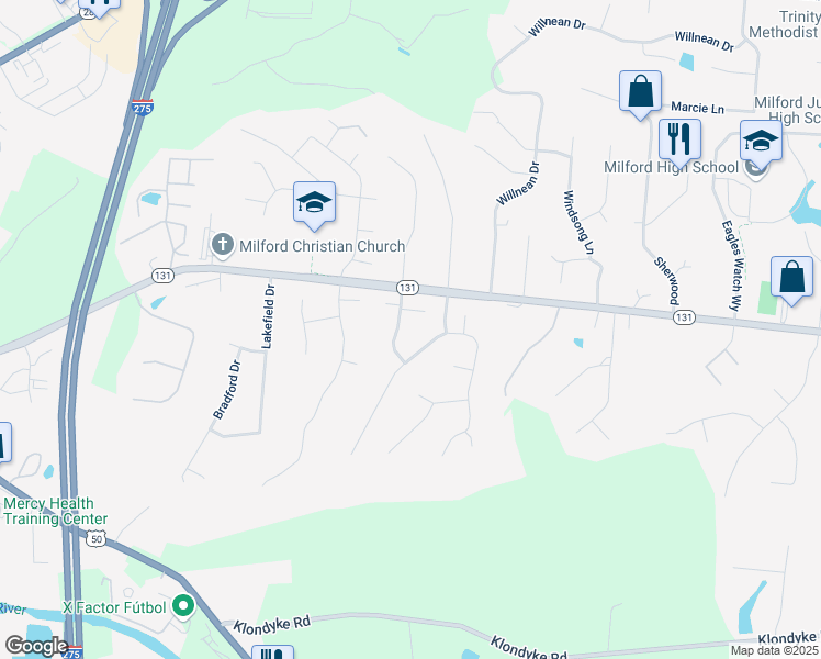 map of restaurants, bars, coffee shops, grocery stores, and more near 12 Bridgestone Drive in Milford