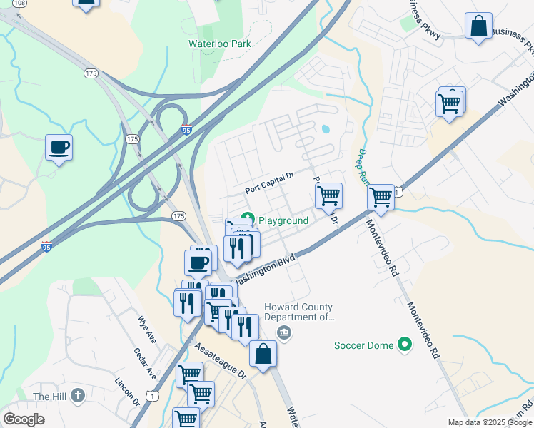 map of restaurants, bars, coffee shops, grocery stores, and more near 7313 Summit Rock Road in Elkridge
