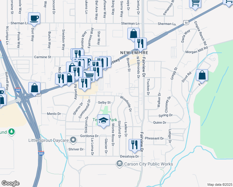 map of restaurants, bars, coffee shops, grocery stores, and more near 3508 Woodside Drive in Carson City