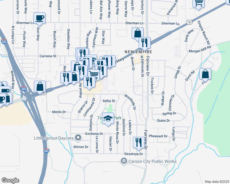 map of restaurants, bars, coffee shops, grocery stores, and more near 3414 Woodside Drive in Carson City