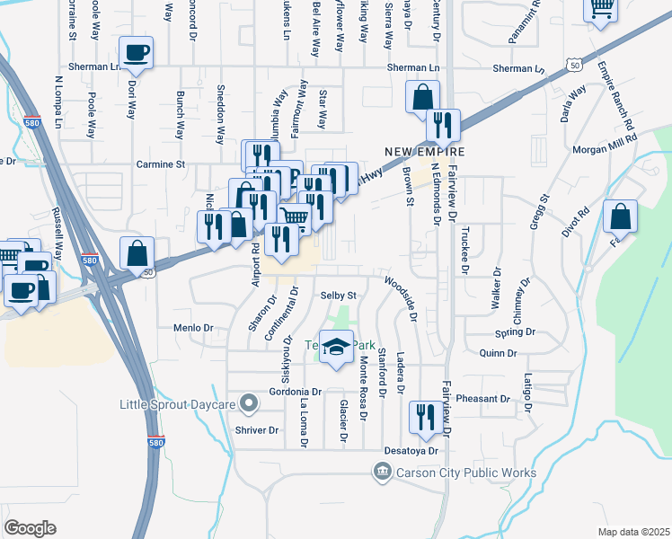 map of restaurants, bars, coffee shops, grocery stores, and more near 3300 Woodside Drive in Carson City