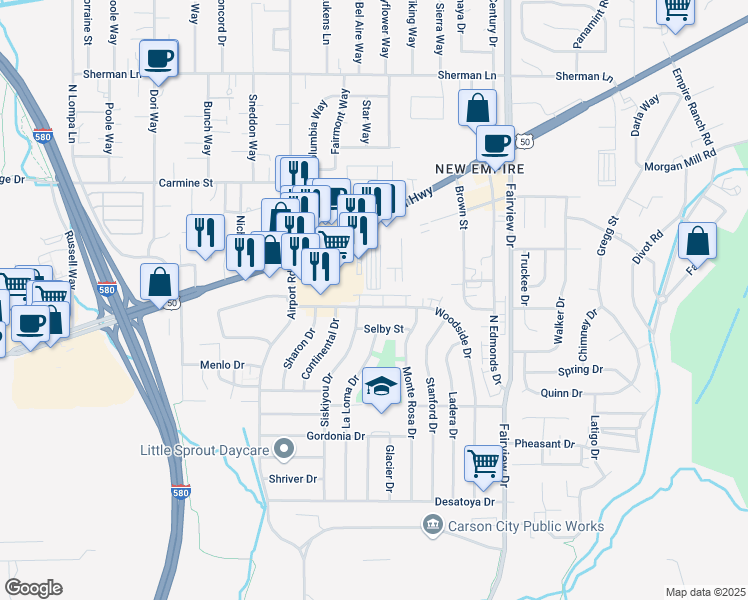 map of restaurants, bars, coffee shops, grocery stores, and more near 3300 Woodside Drive in Carson City