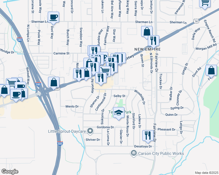 map of restaurants, bars, coffee shops, grocery stores, and more near 3300 Woodside Drive in Carson City