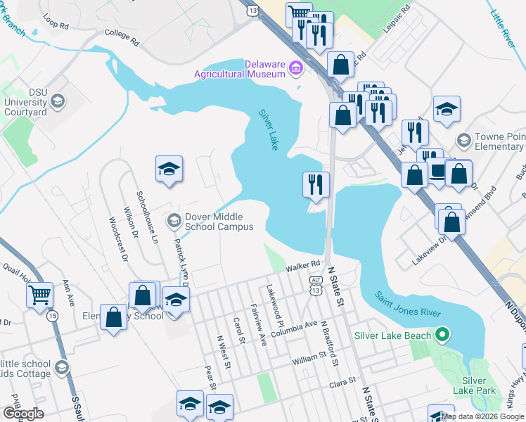 map of restaurants, bars, coffee shops, grocery stores, and more near 227 Walker Road in Dover