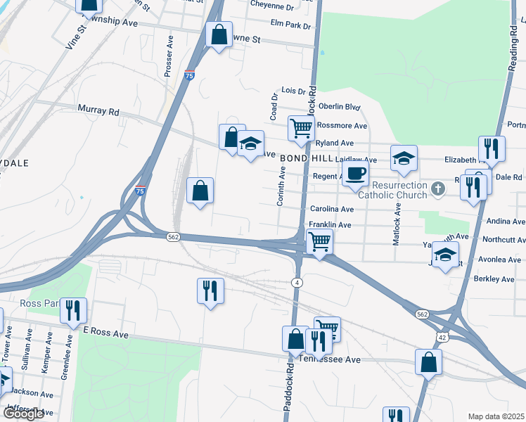 map of restaurants, bars, coffee shops, grocery stores, and more near 1114 Carolina Avenue in Cincinnati