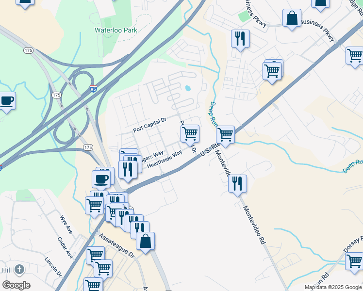 map of restaurants, bars, coffee shops, grocery stores, and more near 7410 Slipknot Alley in Elkridge