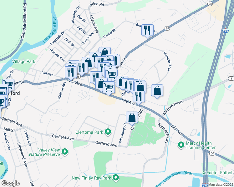 map of restaurants, bars, coffee shops, grocery stores, and more near 824 Main Street in Milford
