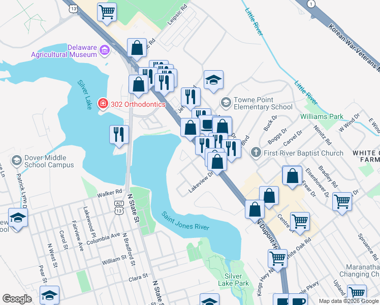 map of restaurants, bars, coffee shops, grocery stores, and more near 93 Chatham Court in Dover