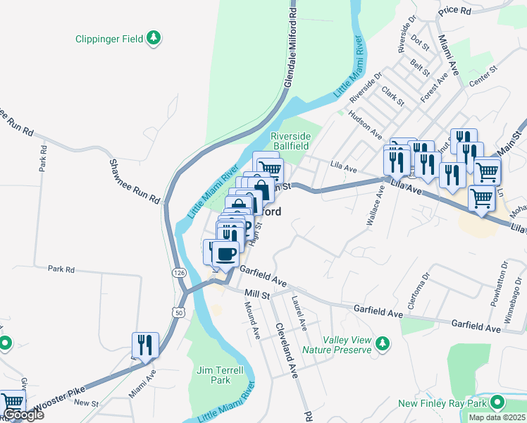 map of restaurants, bars, coffee shops, grocery stores, and more near in Milford
