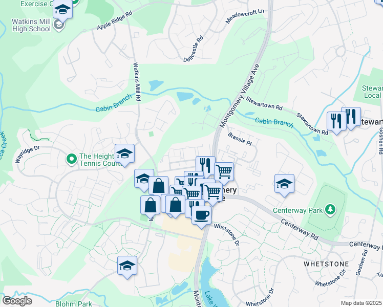 map of restaurants, bars, coffee shops, grocery stores, and more near 10073 Ridgeline Drive in Gaithersburg
