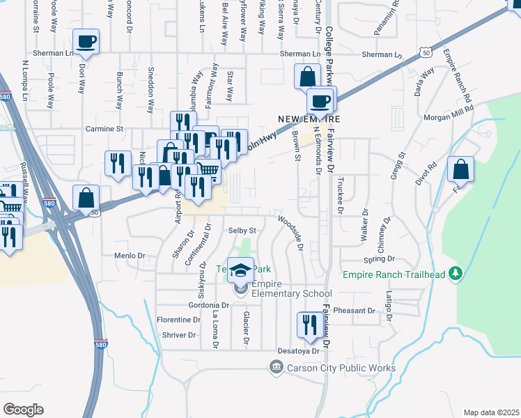 map of restaurants, bars, coffee shops, grocery stores, and more near 3418 Woodside Drive in Carson City