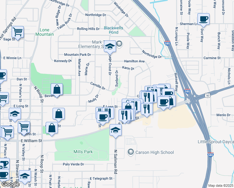 map of restaurants, bars, coffee shops, grocery stores, and more near 1765 Camille Drive in Carson City
