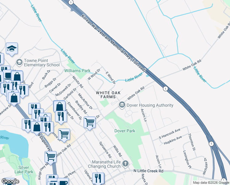 map of restaurants, bars, coffee shops, grocery stores, and more near 3 Fair Wind Place in Dover