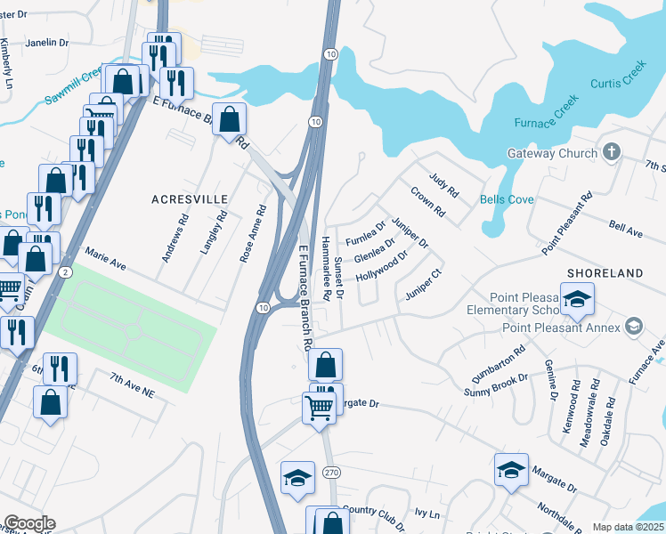 map of restaurants, bars, coffee shops, grocery stores, and more near 200 Sunset Drive in Glen Burnie