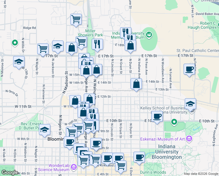 map of restaurants, bars, coffee shops, grocery stores, and more near 228 East Brownstone Drive in Bloomington