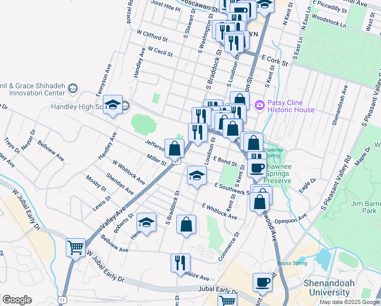 map of restaurants, bars, coffee shops, grocery stores, and more near 49 West Bond Street in Winchester