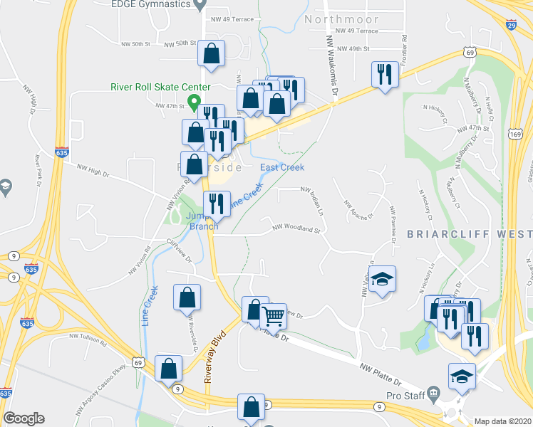 map of restaurants, bars, coffee shops, grocery stores, and more near 2402 Osage Circle in Kansas City