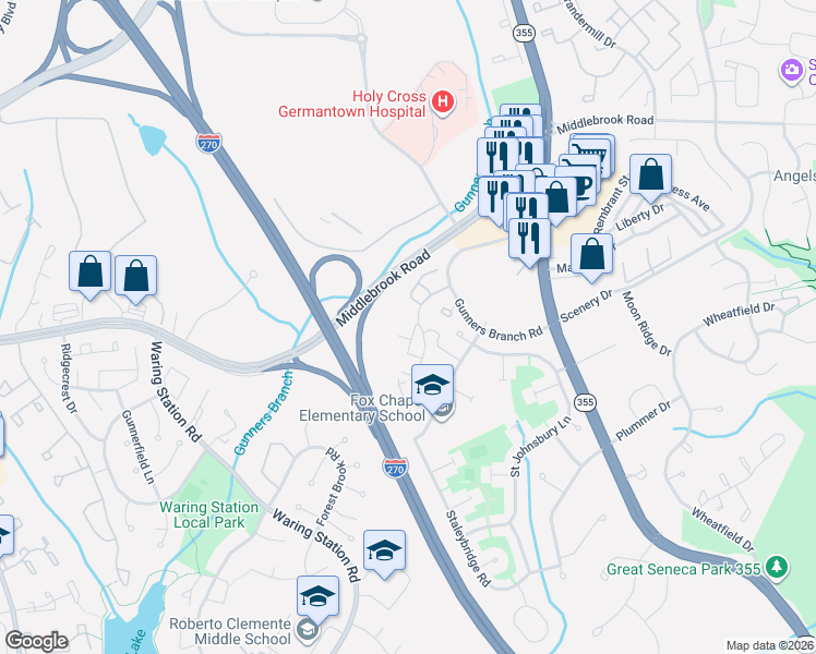 map of restaurants, bars, coffee shops, grocery stores, and more near 19466 Zinnia Circle in Germantown