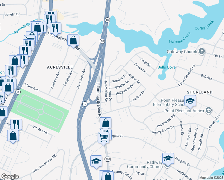 map of restaurants, bars, coffee shops, grocery stores, and more near 201 Sunset Drive in Glen Burnie