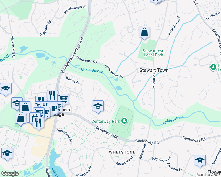 map of restaurants, bars, coffee shops, grocery stores, and more near 9510 Nature Trail in Montgomery Village