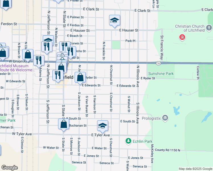 map of restaurants, bars, coffee shops, grocery stores, and more near 613 East Edwards Street in Litchfield