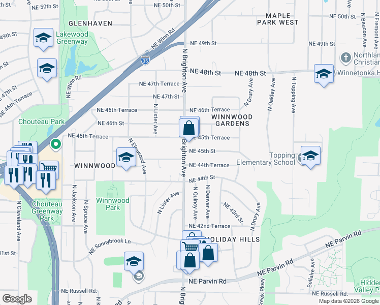 map of restaurants, bars, coffee shops, grocery stores, and more near 5005 Northeast 45th Street in Kansas City