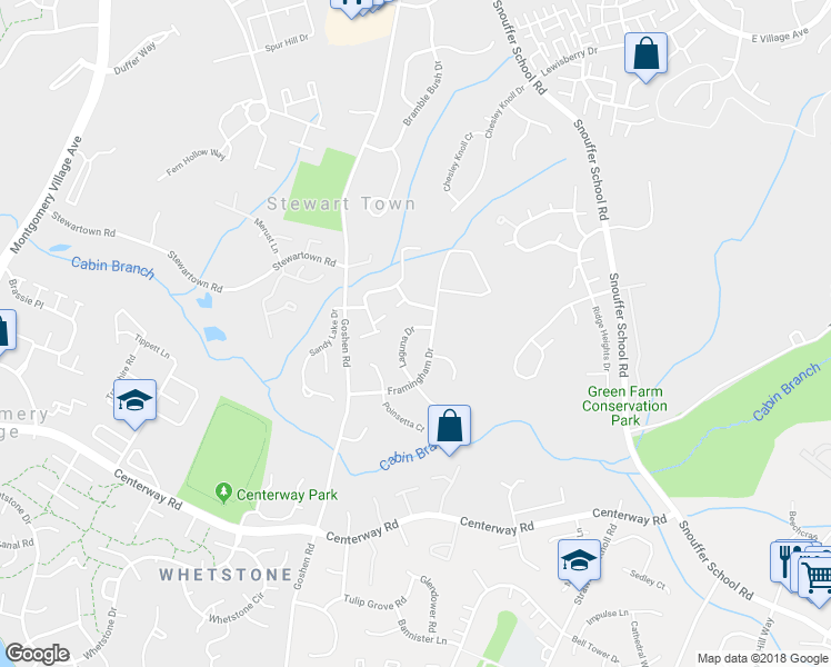 map of restaurants, bars, coffee shops, grocery stores, and more near 19535 Laguna Drive in Gaithersburg