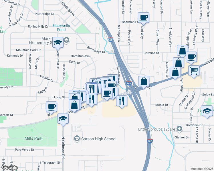 map of restaurants, bars, coffee shops, grocery stores, and more near 2200 East Long Street in Carson City