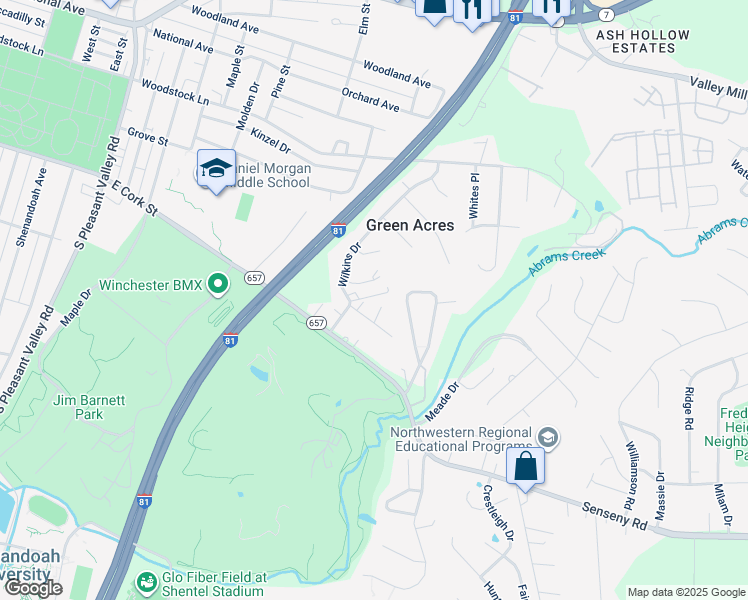 map of restaurants, bars, coffee shops, grocery stores, and more near 103 Highview Circle in Winchester