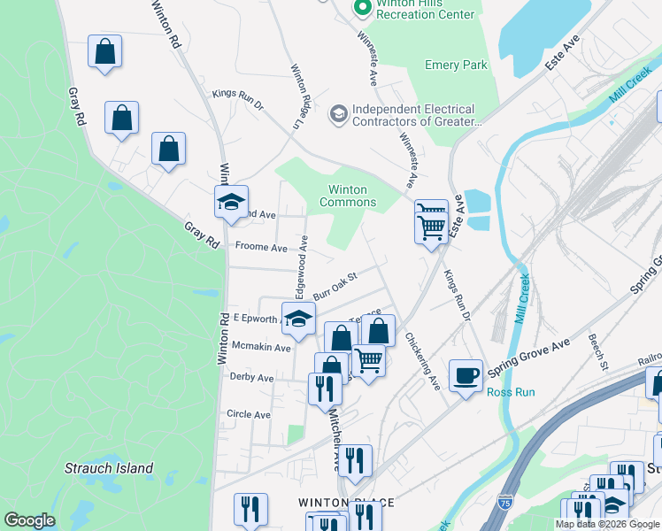 map of restaurants, bars, coffee shops, grocery stores, and more near 643 Froome Avenue in Cincinnati