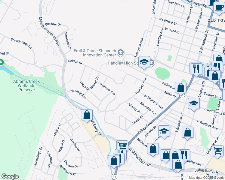 map of restaurants, bars, coffee shops, grocery stores, and more near 640 Bellview Avenue in Winchester