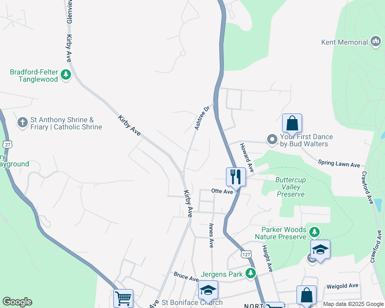 map of restaurants, bars, coffee shops, grocery stores, and more near 4645 Ashtree Drive in Cincinnati