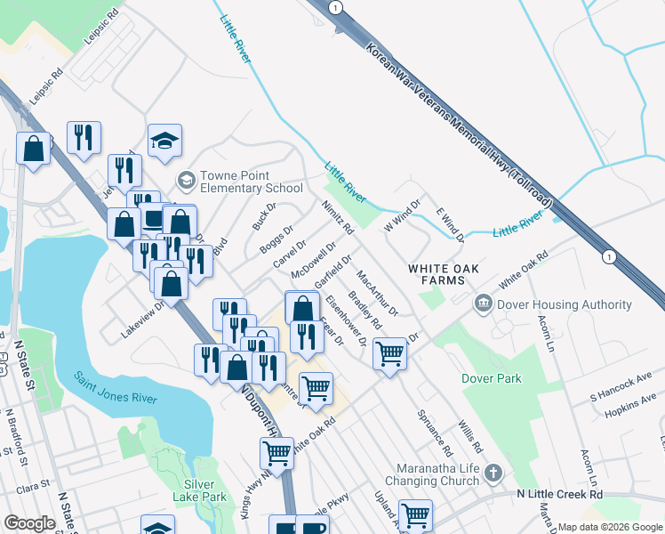 map of restaurants, bars, coffee shops, grocery stores, and more near 1325 Garfield Drive in Dover