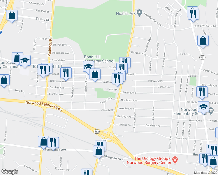 map of restaurants, bars, coffee shops, grocery stores, and more near 1658 Anita Place in Cincinnati