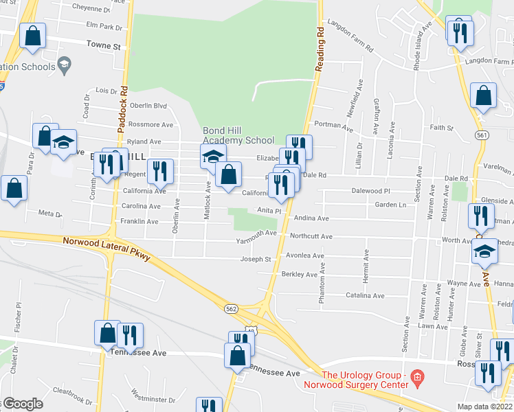 map of restaurants, bars, coffee shops, grocery stores, and more near 1628 Anita Place in Cincinnati