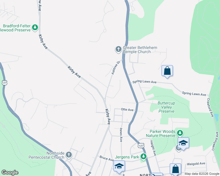 map of restaurants, bars, coffee shops, grocery stores, and more near 4645 Ashtree Drive in Cincinnati