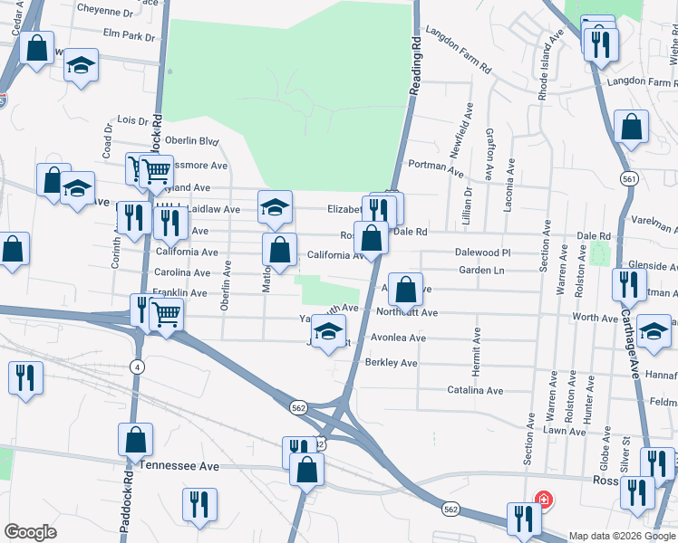 map of restaurants, bars, coffee shops, grocery stores, and more near 1640 Anita Place in Cincinnati