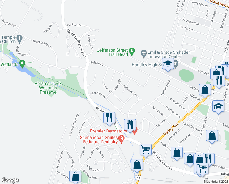 map of restaurants, bars, coffee shops, grocery stores, and more near 654 Treys Drive in Winchester