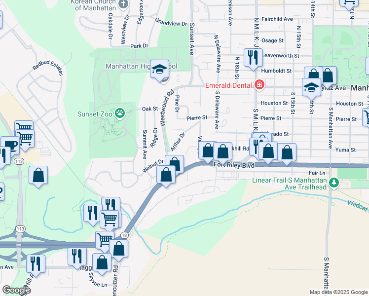 map of restaurants, bars, coffee shops, grocery stores, and more near 2020 Rockhill Circle in Manhattan
