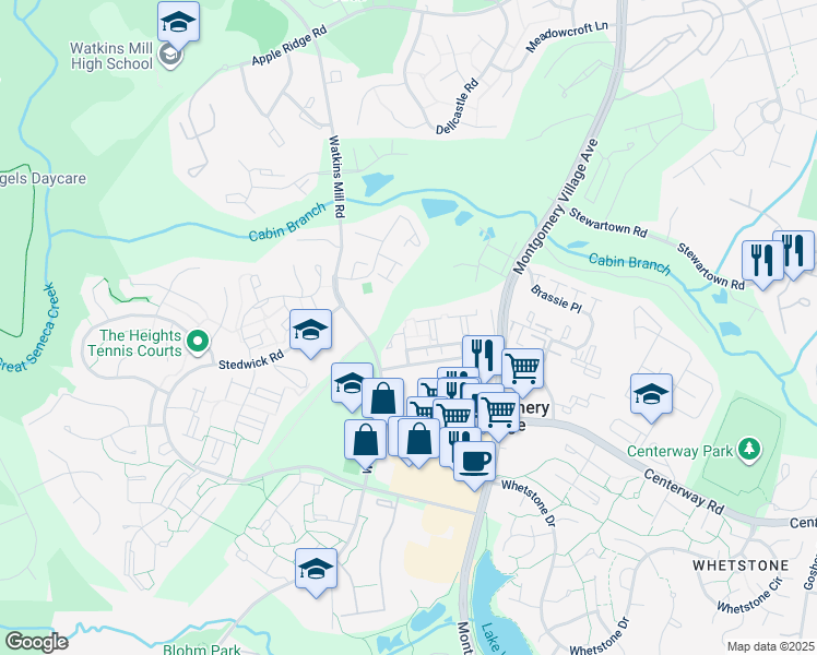map of restaurants, bars, coffee shops, grocery stores, and more near 10317 Ridgeline Drive in Gaithersburg